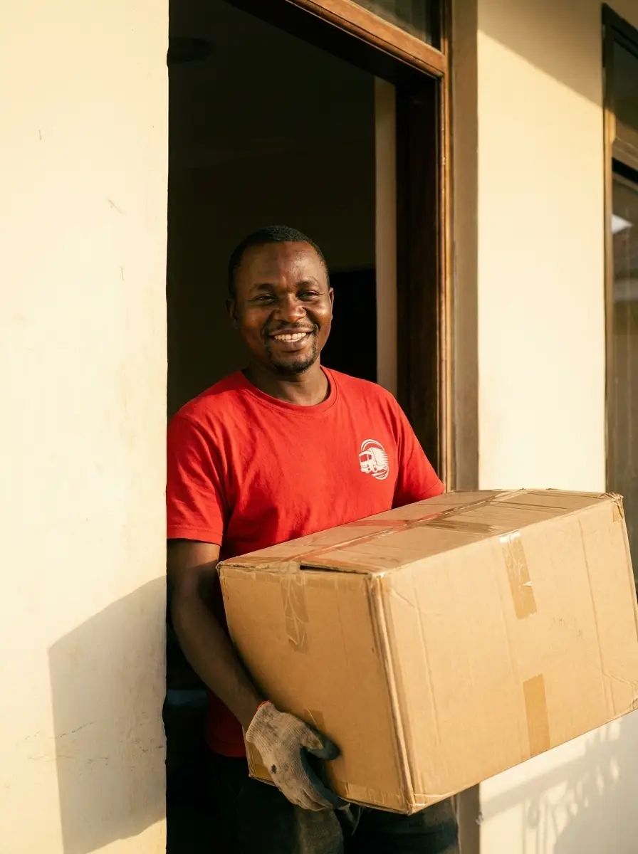 Bongo Hama mover in red uniform carrying a taped box out of a Dar es Salaam home