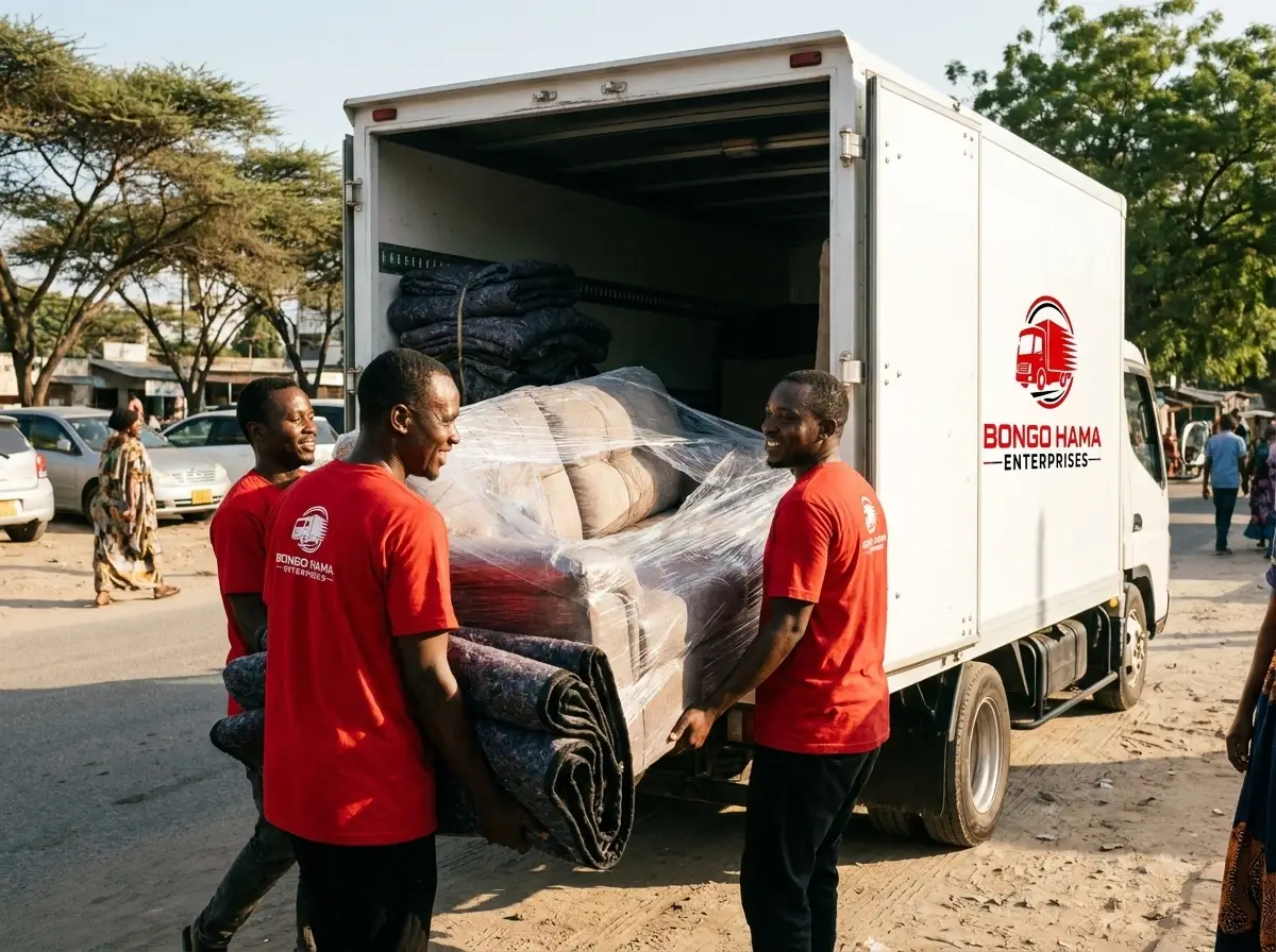 Bongo Hama crew in red uniforms loading a wrapped sofa into a branded moving truck in Dar es Salaam