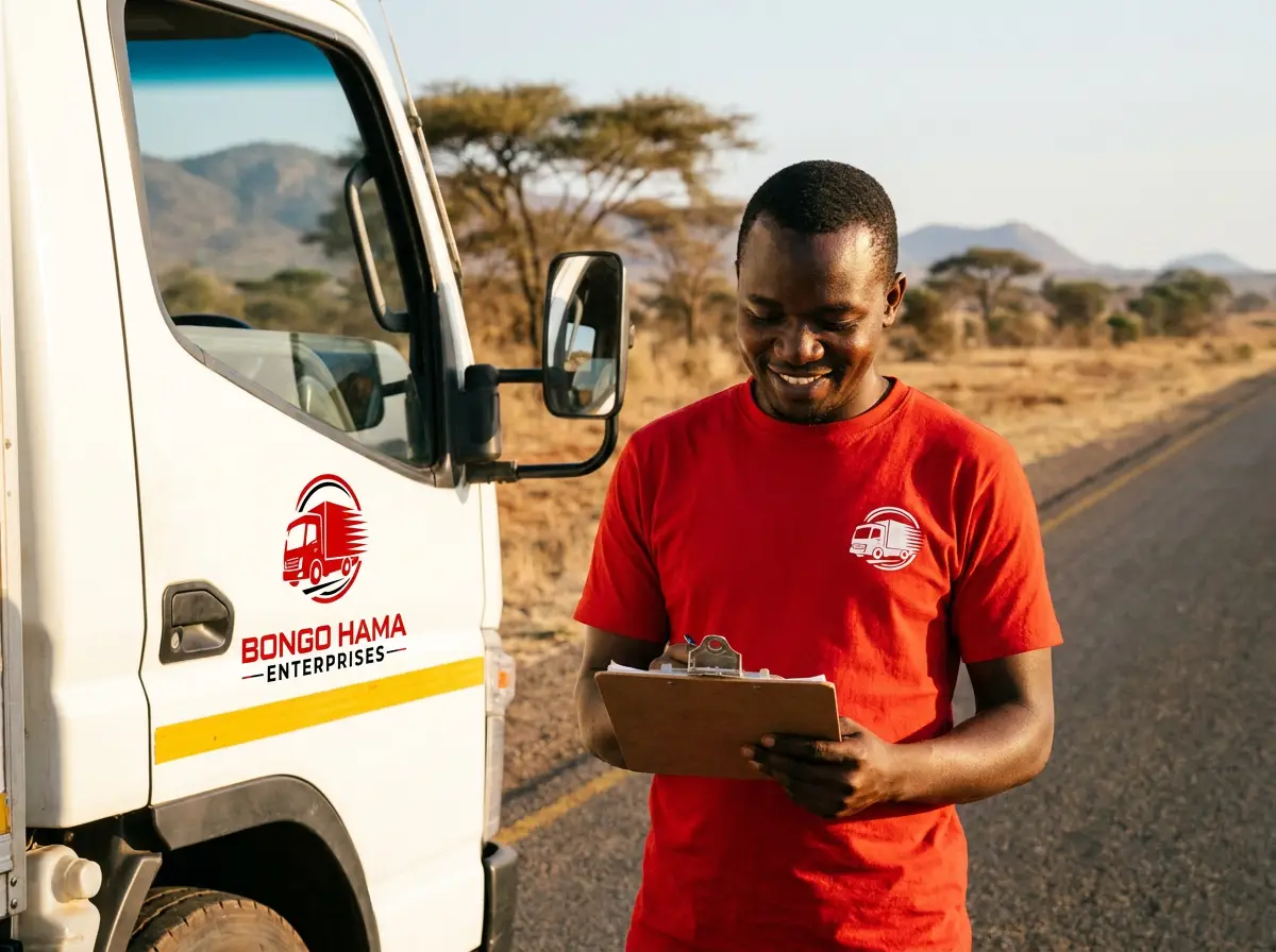 Bongo Hama supervisor checking a route sheet beside a branded truck on a Tanzanian highway