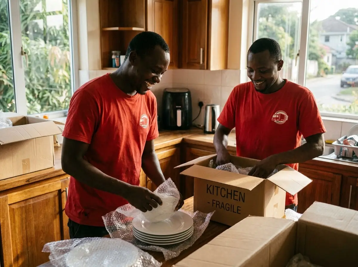Bongo Hama movers bubble-wrapping plates and packing labelled boxes in a Dar es Salaam kitchen